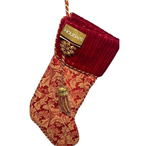 Holiday Velvet & Brocade Christmas Stocking With Gold Tassel & Jewel Accent - Picture 3 of 9